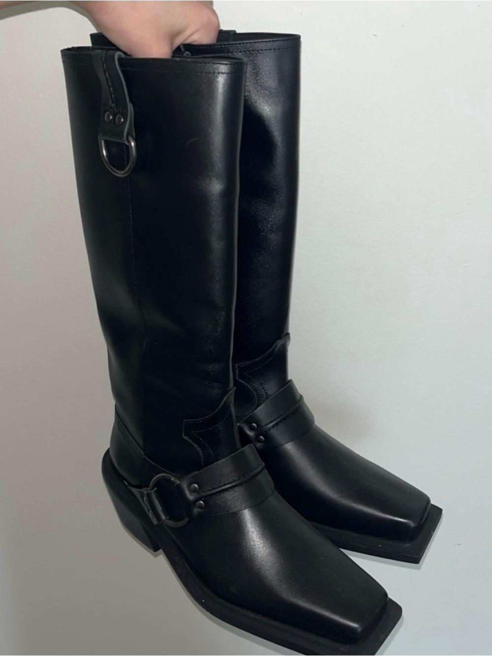 Topshop Black Square-Toe Knee Boots with Western Harness Premium Leather